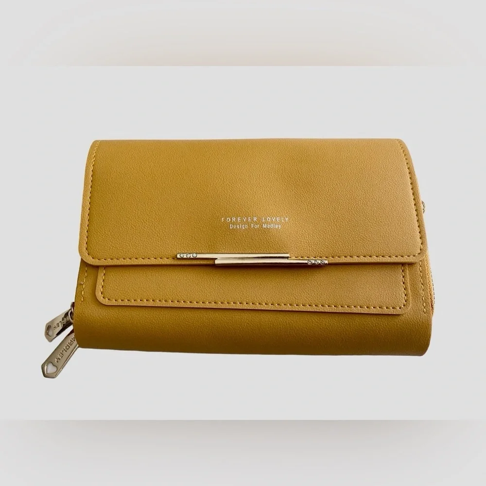 New! Nice Yellow Crossbody Wallet Clutch  Gold Metal Three Zippered Comp…